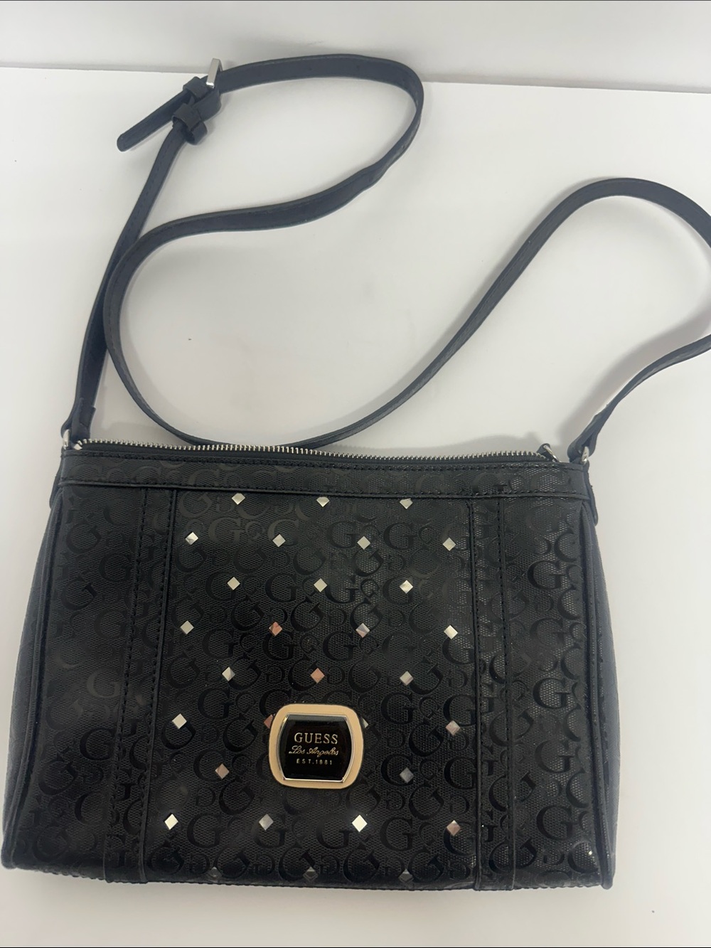 GUESS Black Logo-Pattern Crossbody with Gold Accent
